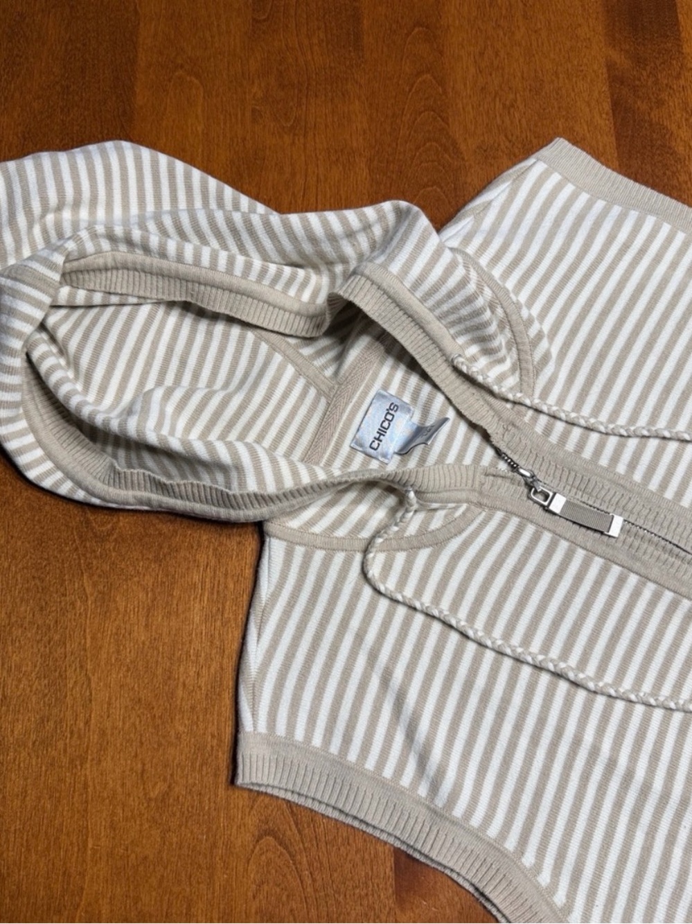 Chico's Beige & Cream Striped Hooded Zip Vest